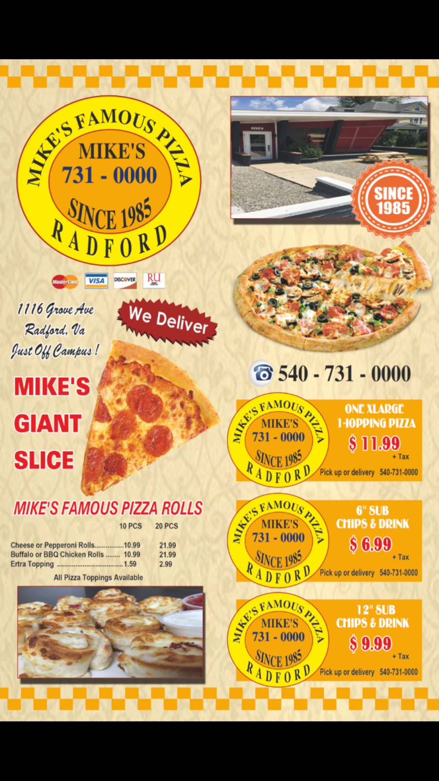 Mikes Pizza | meal delivery | 1116 Grove Ave, Radford, VA 24141, USA | 5407310000 OR +1 540-731-0000