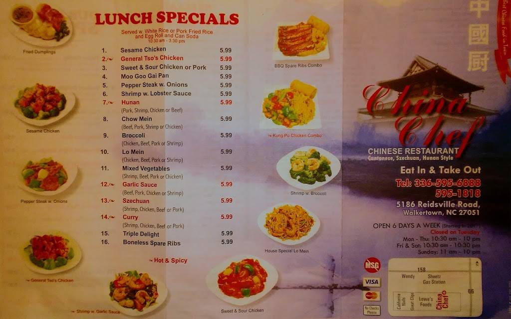 China Chef | restaurant | 5186 Reidsville Rd, Walkertown, NC 27051, USA | 3365956888 OR +1 336-595-6888