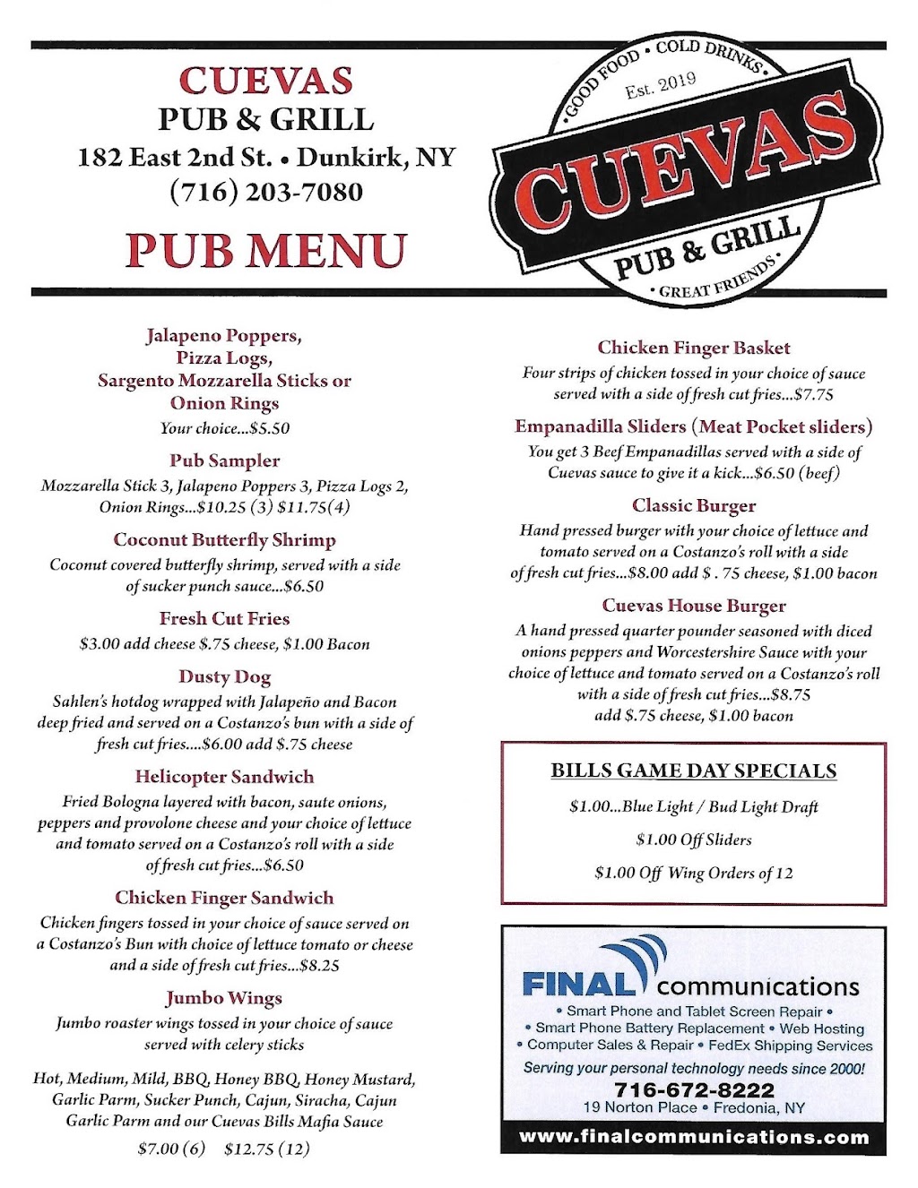 Cuevas Pub & Grill | restaurant | 182 E 2nd St, Dunkirk, NY 14048, USA | 7162037080 OR +1 716-203-7080