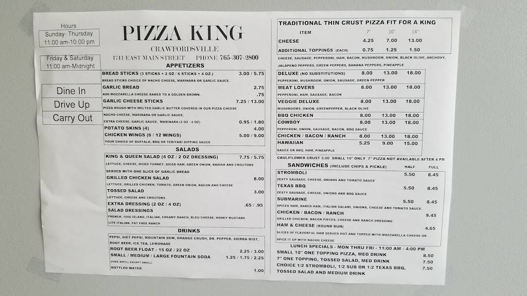Pizza King Crawfordsville | restaurant | 1711 E Main St, Crawfordsville, IN 47933, USA | 7653072800 OR +1 765-307-2800